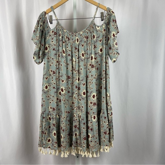 Easel Medium Boho Sunflower Floral Cold Shoulder Tassel Pleat Flowy Dress Loose - Picture 2 of 8